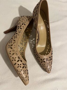 Michael Kors Laser-Cut Pointed Toe Pumps in Beige